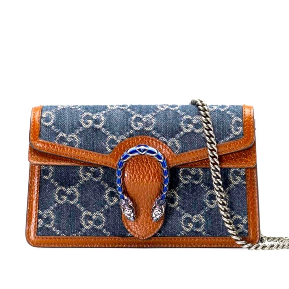 Gucci Denim GG Monogram Super Mini Dionysus Shoulder Bag Blue Tea Cuir